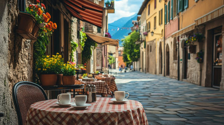 A charming outdoor Italian caf with checkered tablecloths, espresso cups, and a view of a cobblestone street.の素材