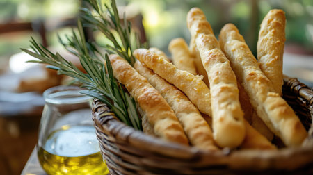 A close-up of a basket of freshly baked Italian breadsticks, perfect for dipping in olive oil or eating with antipasti.の素材