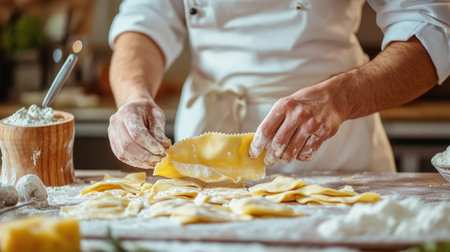 A chef preparing ravioli, folding pasta sheets over filling with a pastry wheel in a cozy Italian kitchen.の素材