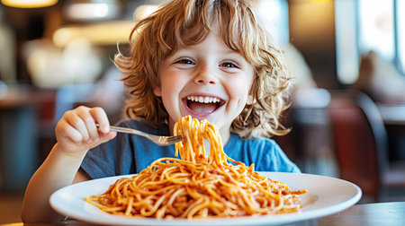 A child enjoying a plate of spaghetti, twirling noodles on a fork with a big smile.の素材