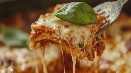 A close-up of a fork lifting a bite of cheesy, saucy lasagna with fresh basil garnish.の素材