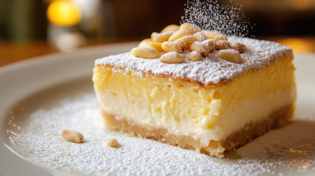 A close-up of a piece of Italian torta della nonna, a custard-filled tart topped with pine nuts and a dusting of powdered sugar.の素材