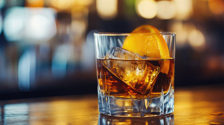 A close-up of a glass of whiskey on the rocks, with ice cubes and a slice of orange, placed on a wooden bar counter.の素材