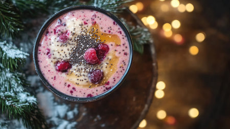 A close-up of a smoothie with mixed berries, chia seeds, and a drizzle of honey, served in a bowl on a wooden table.の素材