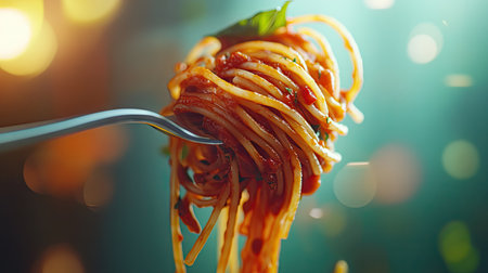 A close-up of a fork twirling spaghetti coated in a rich tomato and basil sauce, with a blurred background.の素材
