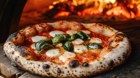 A close-up of a hand-stretched pizza with bubbling mozzarella, fresh basil, and tomato sauce just out of a wood-fired oven.の素材