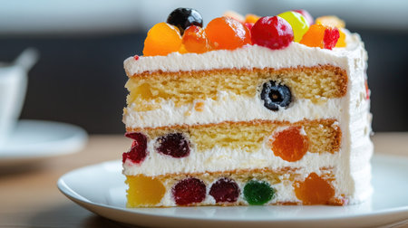 A close-up of a slice of Italian Cassata cake with layers of sponge cake, ricotta, and colorful icing, served with candied fruits.の素材