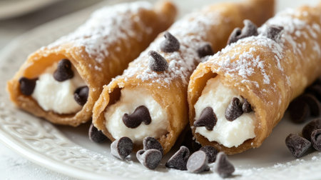 A close-up of a traditional Italian cannoli with a crispy shell, filled with sweet ricotta cheese and sprinkled with chocolate chips.の素材
