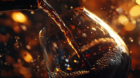 A close-up of a wine bottle being poured into a glass, with soft lighting highlighting the rich color of the wine.の素材