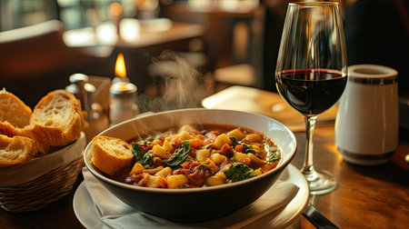 A cozy Italian bistro setting with a steaming bowl of minestrone soup, fresh bread, and a glass of red wine.の素材