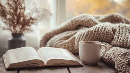 A cozy morning scene with a cup of coffee, a warm blanket, and an open book on a wooden table.の素材