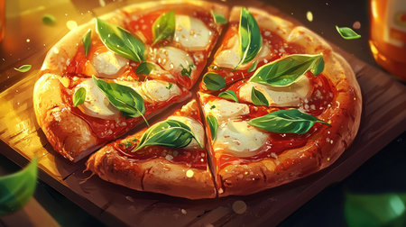 A delicious Neapolitan pizza, with the crust slightly charred, topped with mozzarella, basil, and a splash of olive oil.の素材