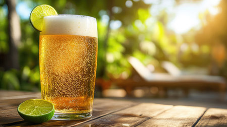 A cold glass of beer with frothy foam, served with a slice of lime, placed on a wooden table with a casual outdoor setting.の素材