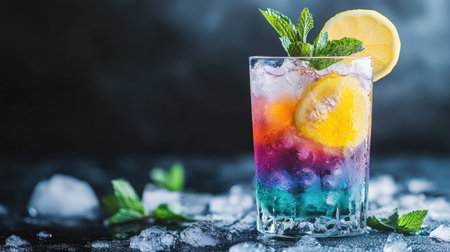 A colorful cocktail served in a highball glass with crushed ice, fresh mint, and a slice of lemon, perfect for a summer day.の素材