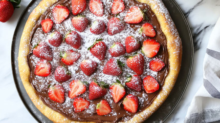 A creative dessert pizza topped with Nutella, fresh strawberries, and powdered sugar on a golden crust.の素材