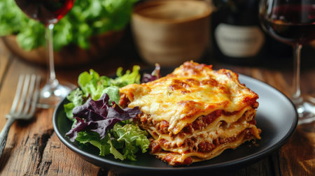A delicious homemade lasagna served with a side of fresh salad and a glass of red wine.の素材
