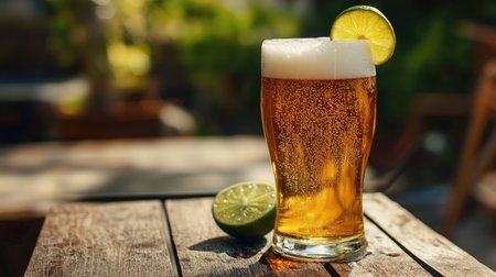 A cold glass of beer with frothy foam, served with a slice of lime, placed on a wooden table with a casual outdoor setting.の素材