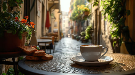 A cozy Italian caf scene with an espresso cup, biscotti, and a view of a charming cobblestone street.の素材