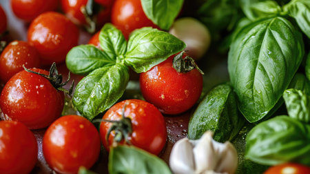 A close-up of fresh basil leaves, garlic cloves, and ripe tomatoes, prepared for a classic Italian pesto sauce.の素材