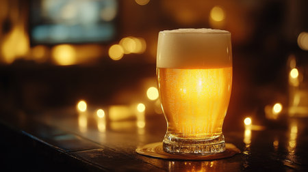 A glass of frothy golden beer, illuminated by warm, soft light, creating a cozy and inviting vibe.の素材