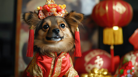 A cute dog dressed as a lion in a Chinese New Year pet costume, complete with a red and gold outfit and tassels, sitting next to traditional decorations.の素材