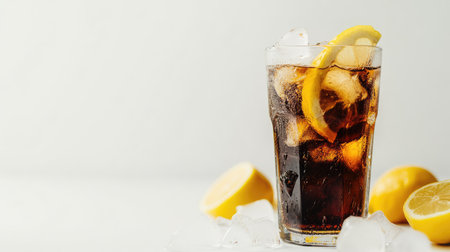 Enjoy a refreshing glass of iced tea with lemon slices, perfect for hot days. This tall drink captures summer vibes with its chilled appeal.の素材