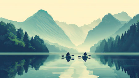 Scenic vector illustration of two men rowing canoes on a tranquil river, surrounded by majestic mountains and lush greenery. Perfect for outdoor adventure and water sports themes.の素材
