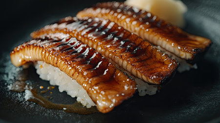A close-up of grilled eel sushi showcasing the rich glaze and tender texture. Perfect for food lovers seeking an authentic Japanese culinary experience.の素材