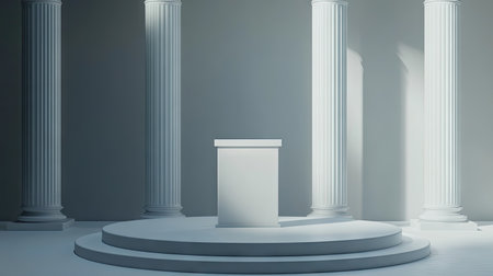 Contemporary gray room setting with a pulpit and podium on a white display base. Ideal for product presentations or speeches. 3D illustration with clear space for text and creative compositions.の素材