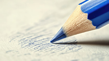 Close-up of a blue pencil tracing defined lines on a subtle white-gray background. Represents precision, creativity, and educational design concepts.の素材