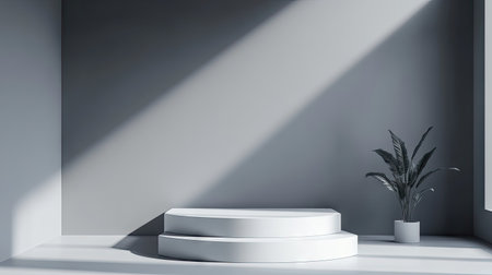 Minimalist gray room with a pulpit and podium. Includes a white display base with ample copy space for text or product presentation. 3D illustration with a clean and modern look.の素材
