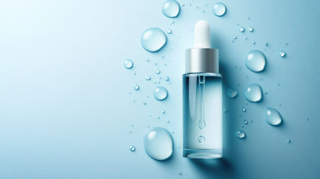 Moisturizer and hyaluronic acid serum on a blue background with droplets illustrating hydration and absorption into the skin. Ideal for skincare product advertising.の素材