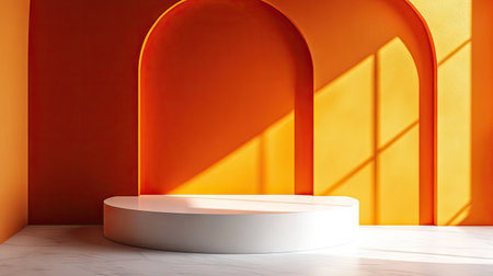 Modern product stage with a minimalist podium set against a striking orange wall. Luxury interior design aesthetic for creative product placement mockups. 3D rendering.の素材