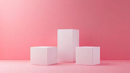 Minimalist design featuring three white cube podiums on a pink pastel backdrop. Perfect for product presentation and 3D rendering technical concepts.の素材