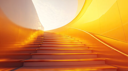 Discover a striking golden staircase in a futuristic design, inviting viewers to ascend into a bright, open space filled with light and warmth. Perfect for modern art concepts.の素材