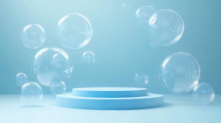Stylish blue podium stage with bubbles floating in the air. 3D vector background with rounded rectangular platforms and soapy spheres, ideal for creative product displays.の素材