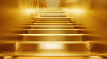 Explore a stunning 3D art depiction of a golden futuristic staircase, inviting viewers to ascend through a bright and sleek environment.の素材