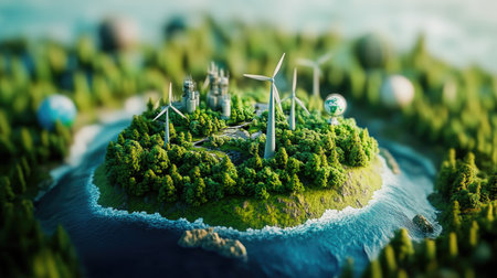A detailed 3D representation of a green energy island, featuring wind turbines, lush trees, and a serene water body, illustrating sustainability and eco-friendly innovation.の素材