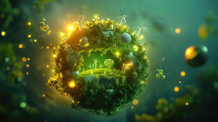 This vibrant 3D representation highlights a clean energy future, showcasing renewable technology, nature, and harmony in a sustainable environment.の素材