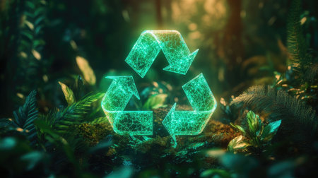 A vibrant 3D glowing recycling symbol nestled in lush greenery, illustrating themes of sustainability and environmental awareness in a serene forest setting.の素材