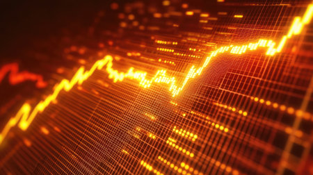 This vibrant image features a glowing digital line chart, showcasing dynamic data trends with a striking orange color scheme. Ideal for technology and analytics themes.の素材