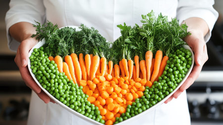 This vibrant image showcases a creative arrangement of fresh vegetables, including carrots and peas, styled in a heart shape, promoting healthy eating and nutrition.の素材