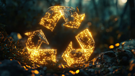 This stunning 3D art piece showcases a radiant recycling symbol made of glass, beautifully illuminated to convey sustainability and modern artistry in nature.の素材