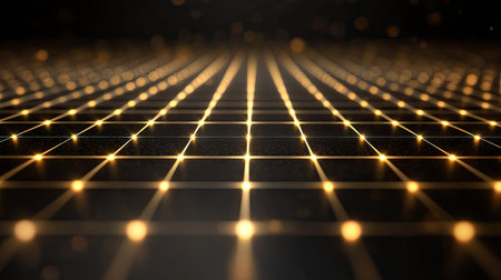 This stunning minimalist 3D grid design features golden elements, creating an elegant and luminous atmosphere. Perfect for modern digital projects, this background adds a touch of luxury and depth.の素材