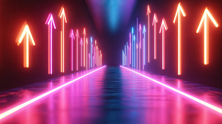 A stunning 3D abstract scene featuring glowing arrows in neon colors, creating a sense of direction and movement. Perfect for modern graphic needs.の素材