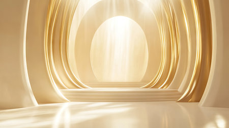 A luxurious golden 3D backdrop featuring smooth curves and soft lighting, perfect for photography or artistic presentations, creating an elegant atmosphere.の素材