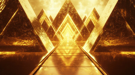This mesmerizing 3D artwork features radiant golden pyramids arranged in a stunning abstract design, creating a captivating and luxurious visual experience.の素材