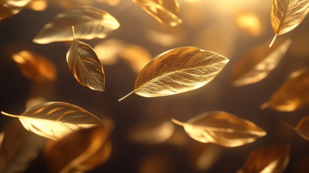 This stunning image features golden leaves gracefully floating in an abstract 3D space, creating a serene and luxurious atmosphere perfect for artistic projects.の素材