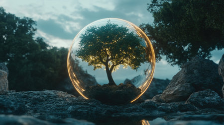 A mesmerizing scene featuring a glowing tree encapsulated in a 3D transparent bubble. The vibrant greenery contrasts beautifully with surrounding rocks, creating a serene and magical atmosphere.の素材