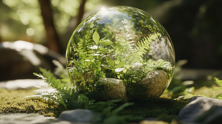 A captivating 3D sphere filled with lush greenery and plants, encapsulating nature's beauty. Perfect for themes of serenity, tranquility, and environmental design.の素材